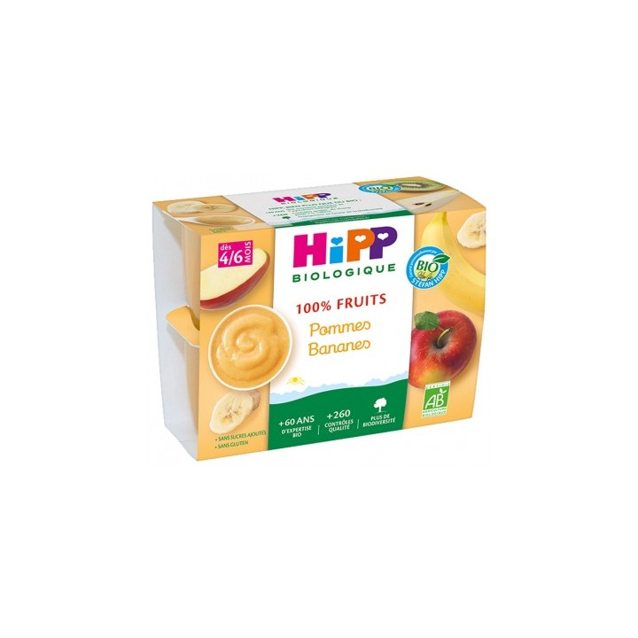 Purée de fruits bio pour bébés - HiPP 100% Fruits Pommes Bananes