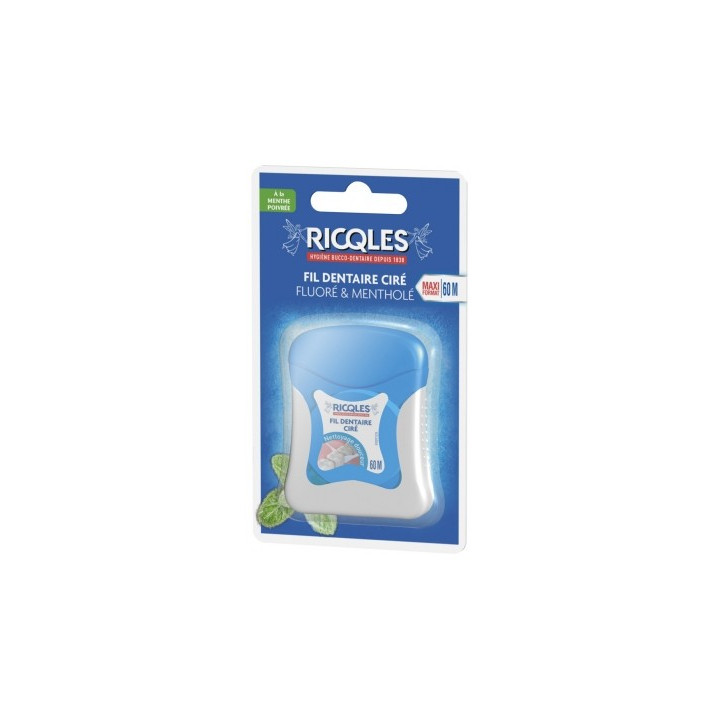 Fil dentaire Ricqlès 60m, ciré, fluoré et mentholé